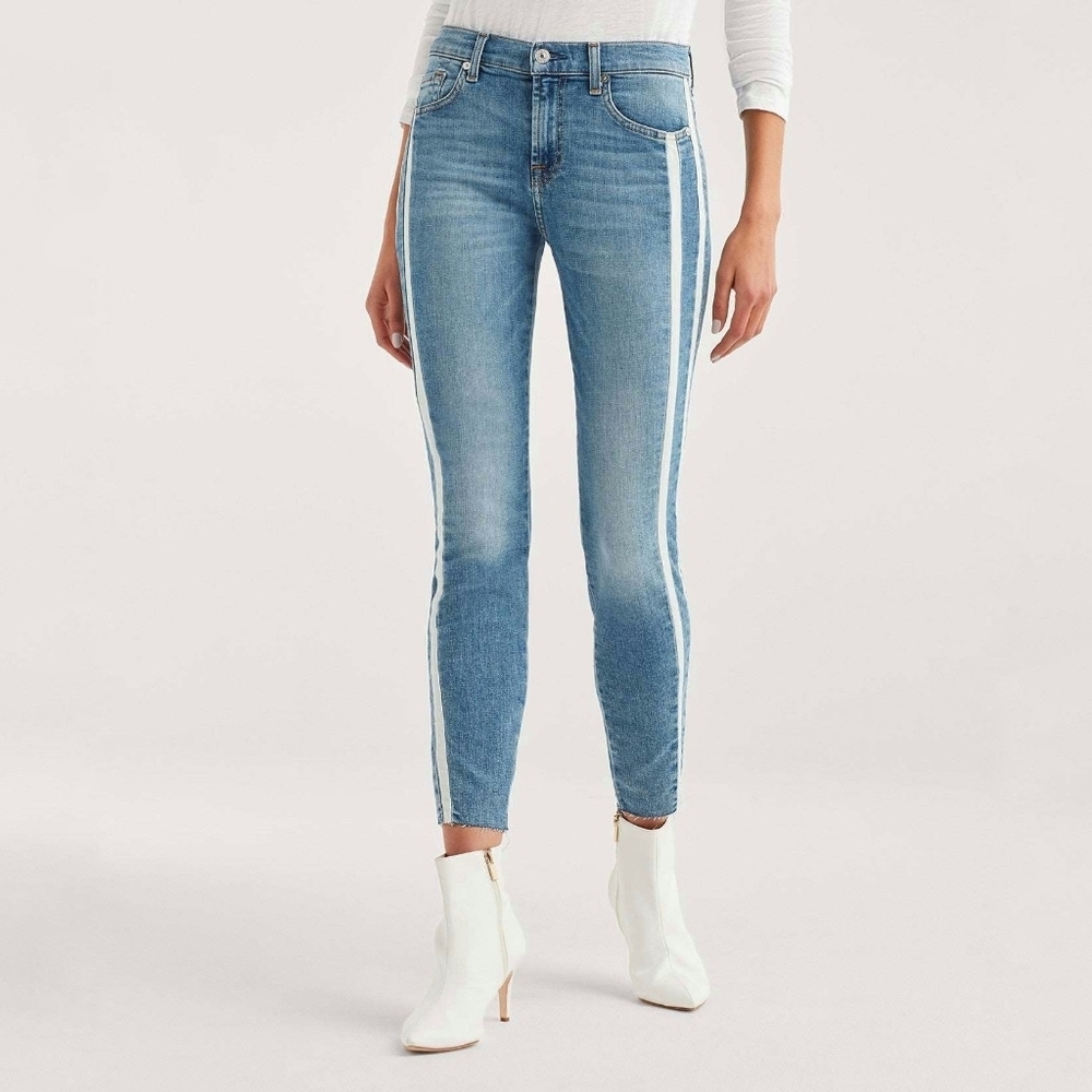 7 For All Mankind Ankle Skinny Jeans Cut Off Hem Double White Stripes Sloane 28